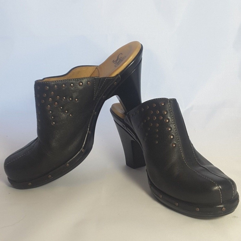 Navy Leather Slide Clogs Brass Studs